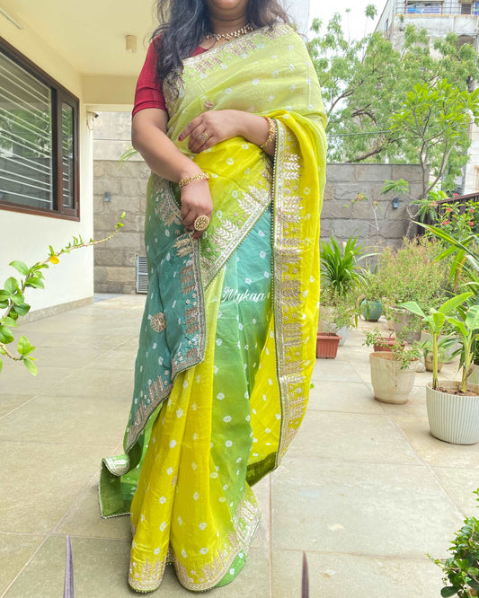 Dola silk Bandhani Saree with Gotta Patti Handwork