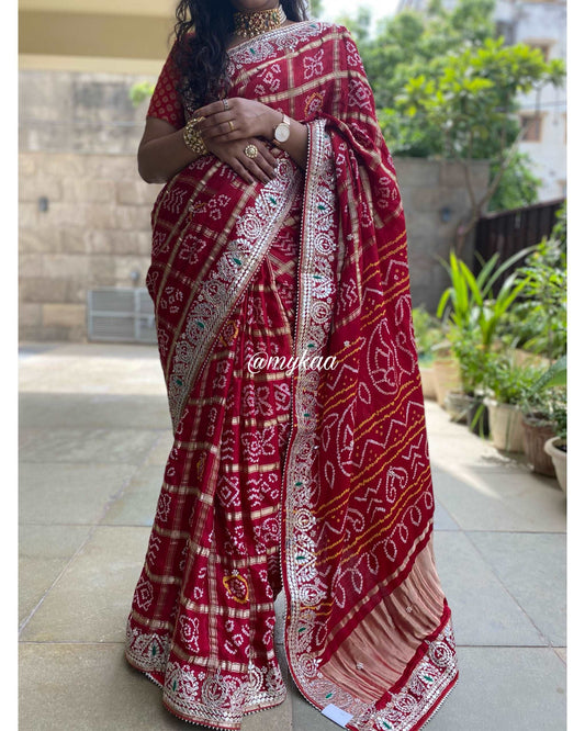 Pure Gajji Satin Silk Maroon Color Gharchola Saree with Gota Patti Work