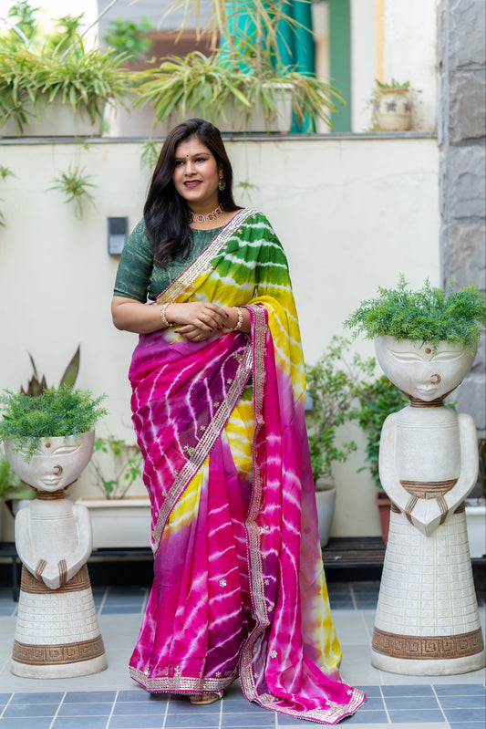 Pure Organza Fabric Multi Shaded Leheriya Saree with Gotta Patti Handwork