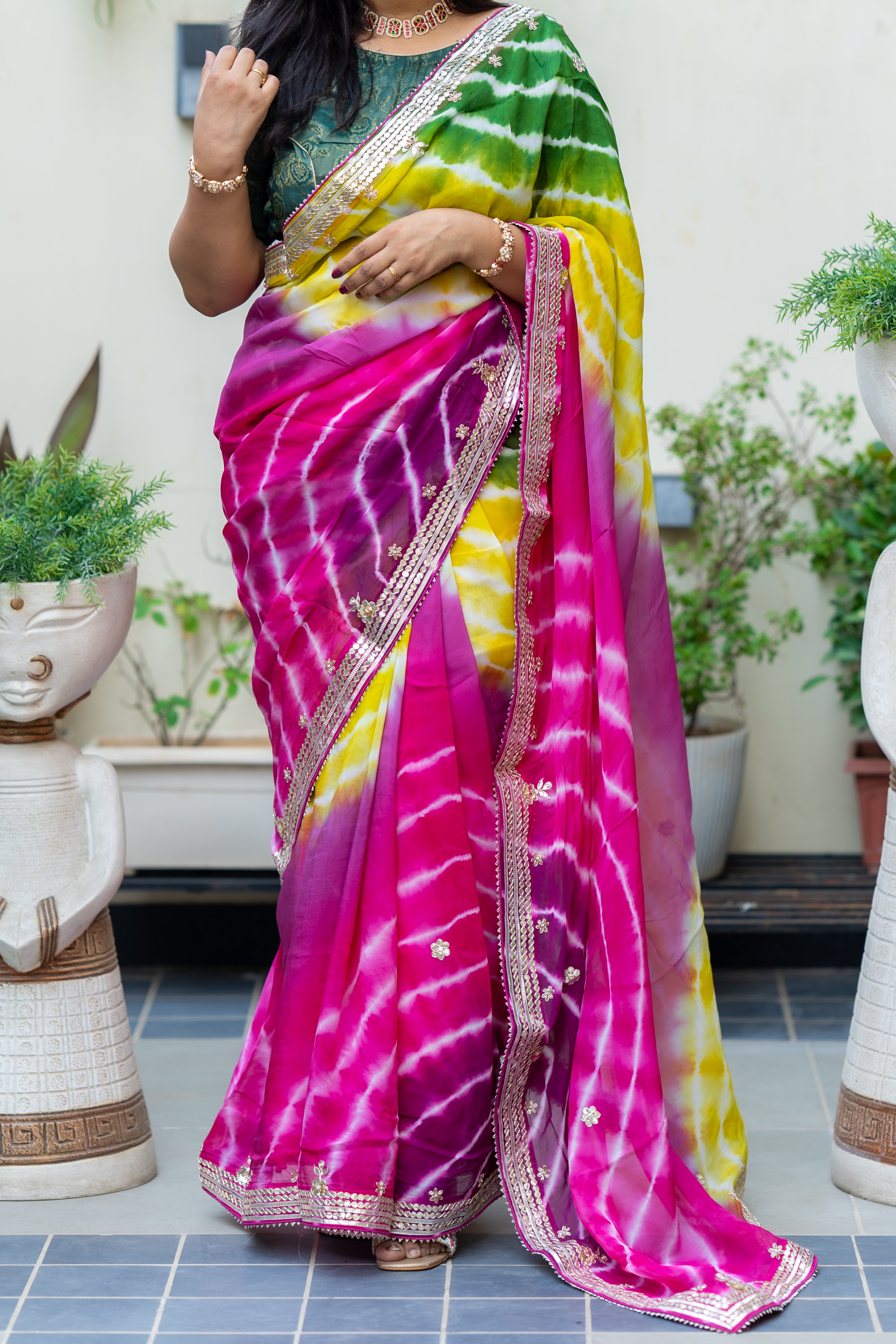 Pure Organza Fabric Multi Shaded Leheriya Saree with Gotta Patti Handwork