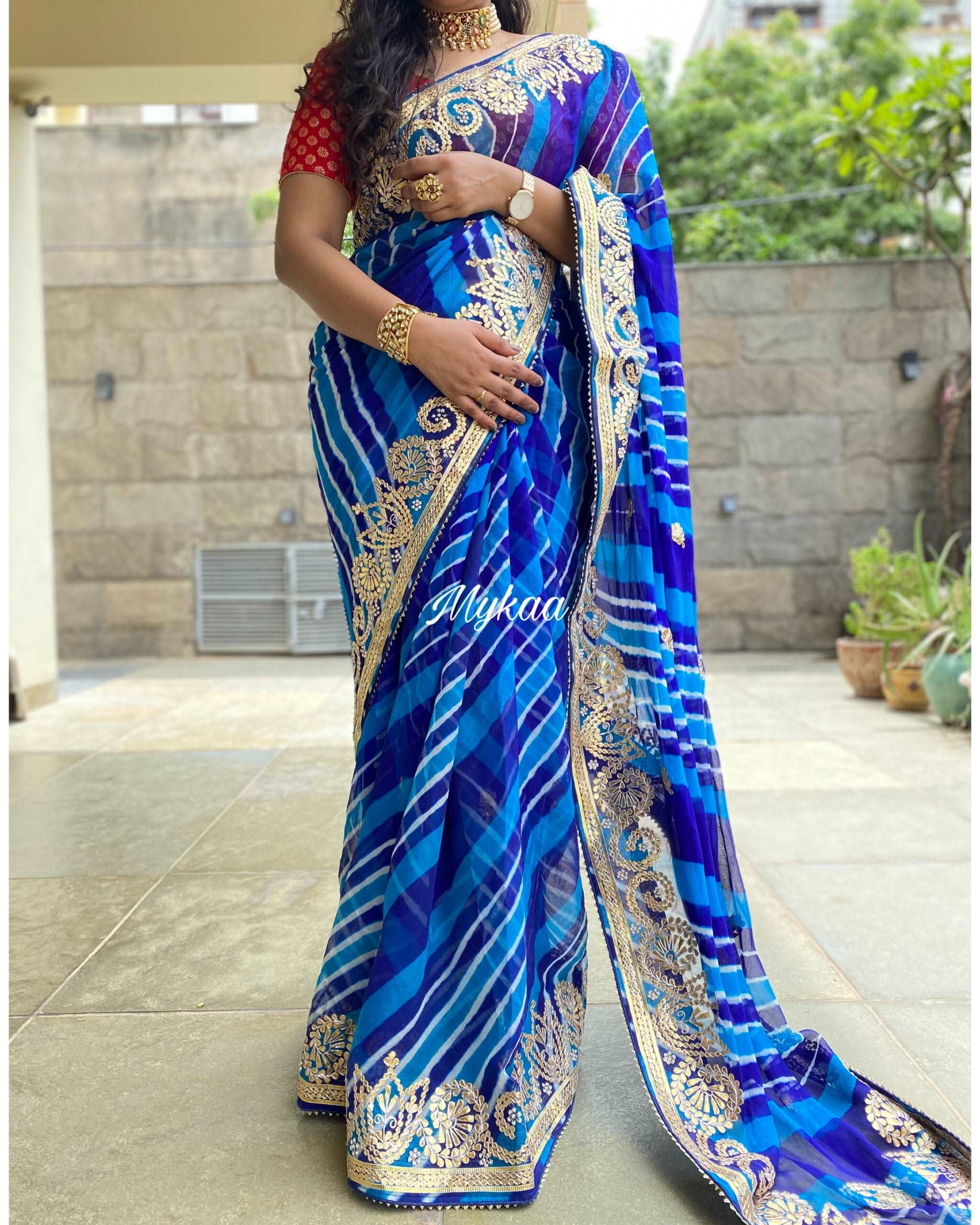 Pure Georgette Blue Color Leheriya Saree with Gota Patti Work