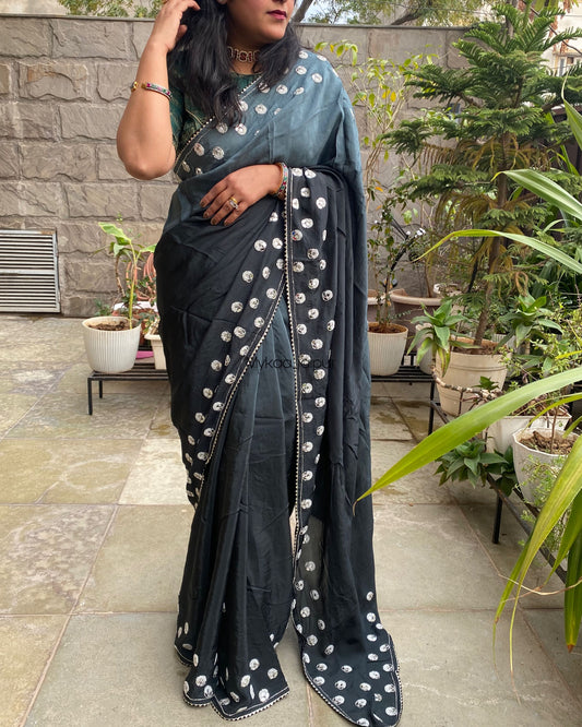 Chinnon Fabric Saree with Mirror and Pearl Motifs