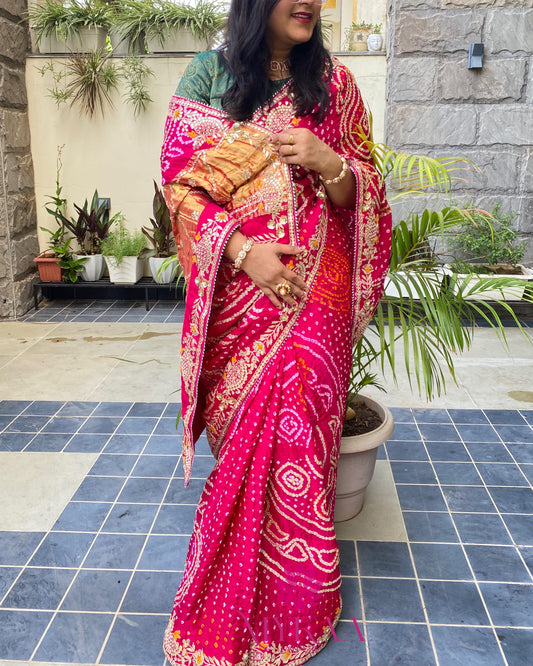 Pure Gajji Silk Bandhani pattern Magenta Color Saree with Gota Patti Work