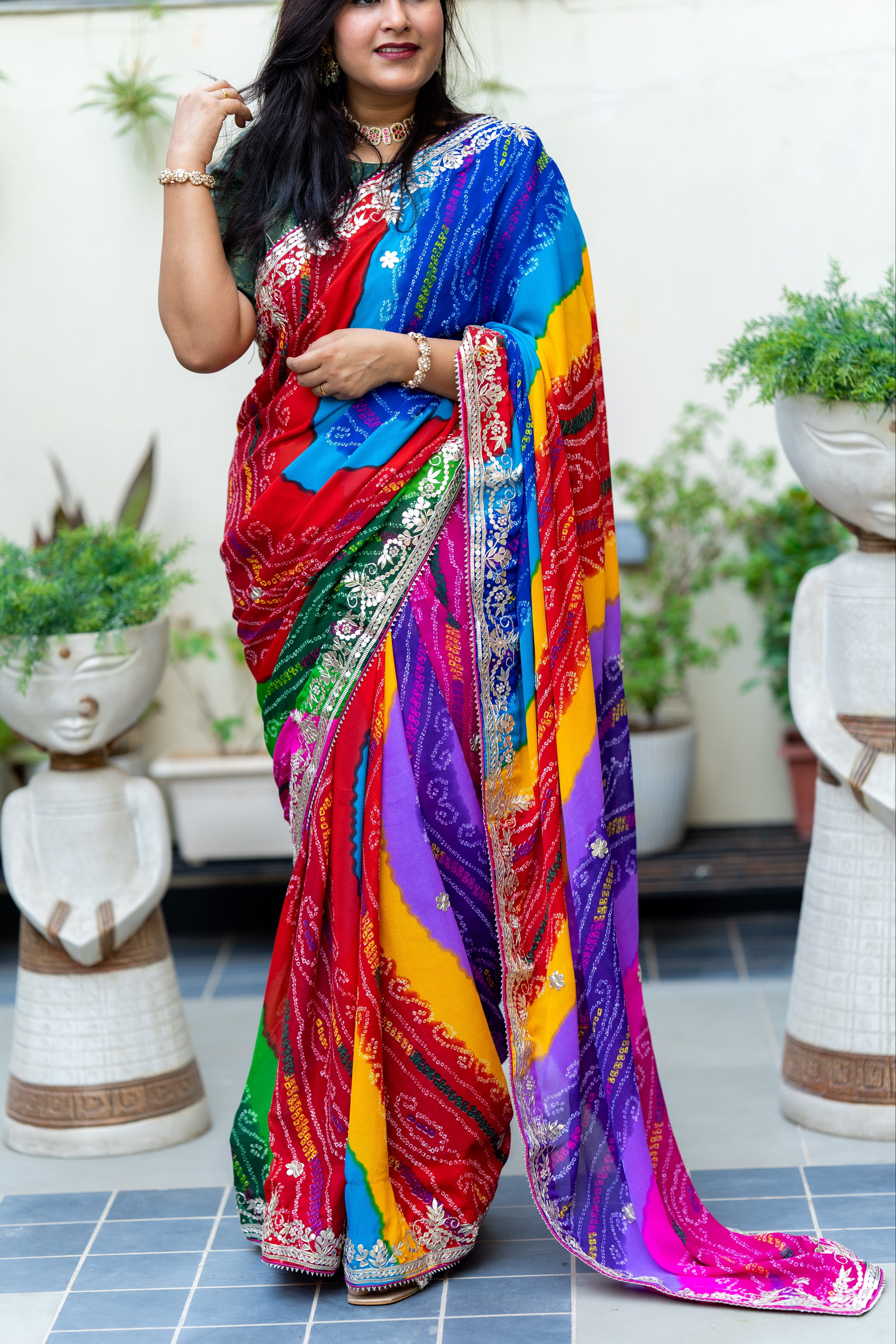 Semi Georgette Fabric Navranga Bandhni Saree With Gota Patti Handwork