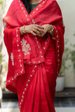 Chionnon Silk Fabric Saree In Shaded  Red  Pearl And Gotta Patti Handwork