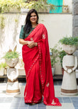 Chionnon Silk Fabric Saree In Shaded  Red  Pearl And Gotta Patti Handwork