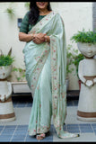 Pure Tissue Silk Fabric Pastel Green Colour Saree With Zardozi Mixed Handwork