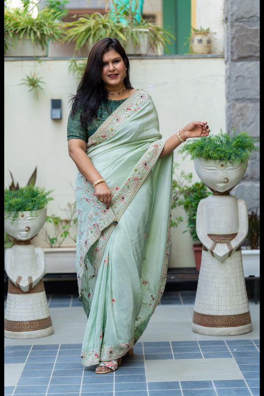 Pure Tissue Silk Fabric Pastel Green Colour Saree With Zardozi Mixed Handwork