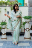 Pure Tissue Silk Fabric Pastel Green Colour Saree With Zardozi Mixed Handwork