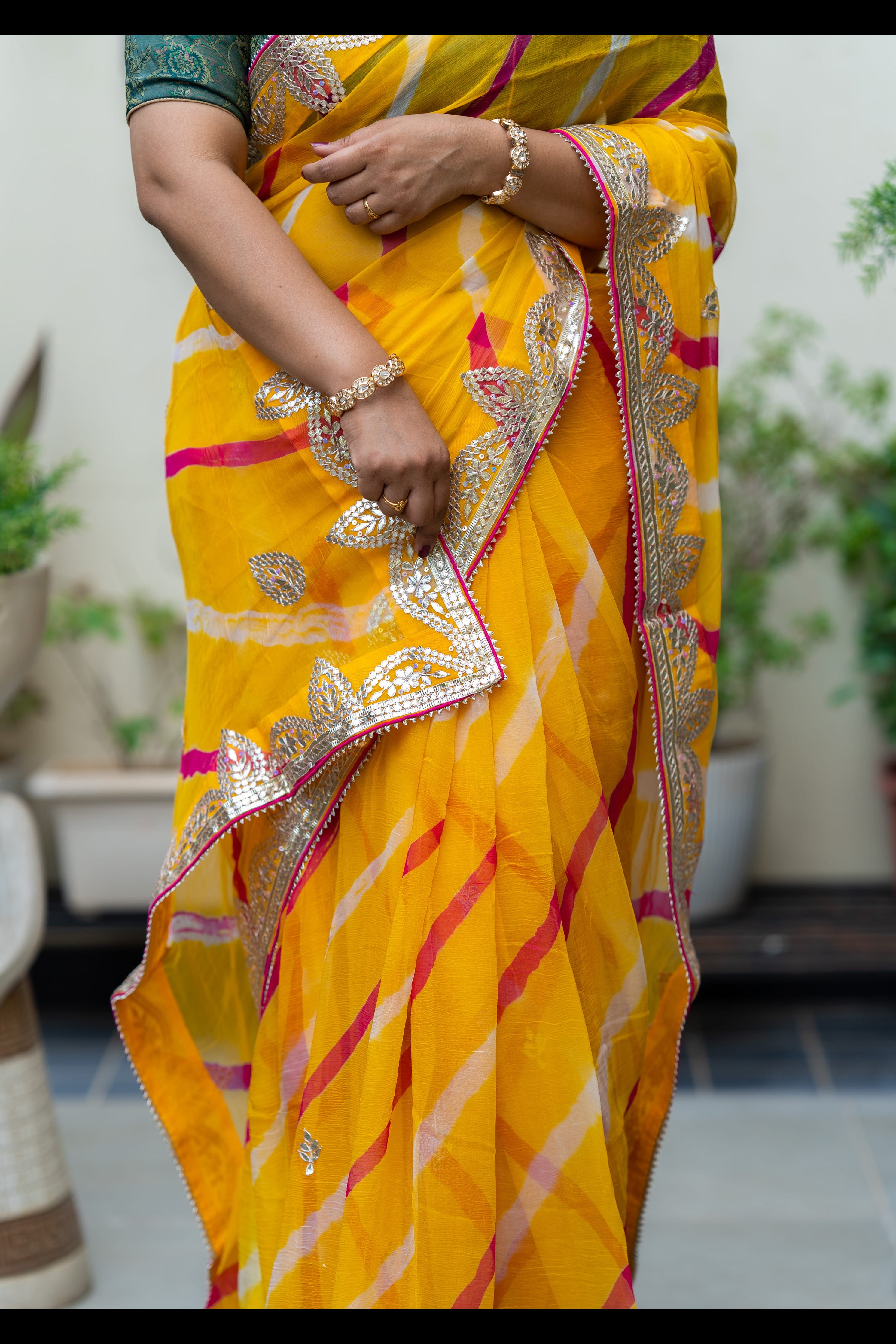 Pure Chiffon Fabric Yellow And Pink Saree With Gotta Patti Handwork