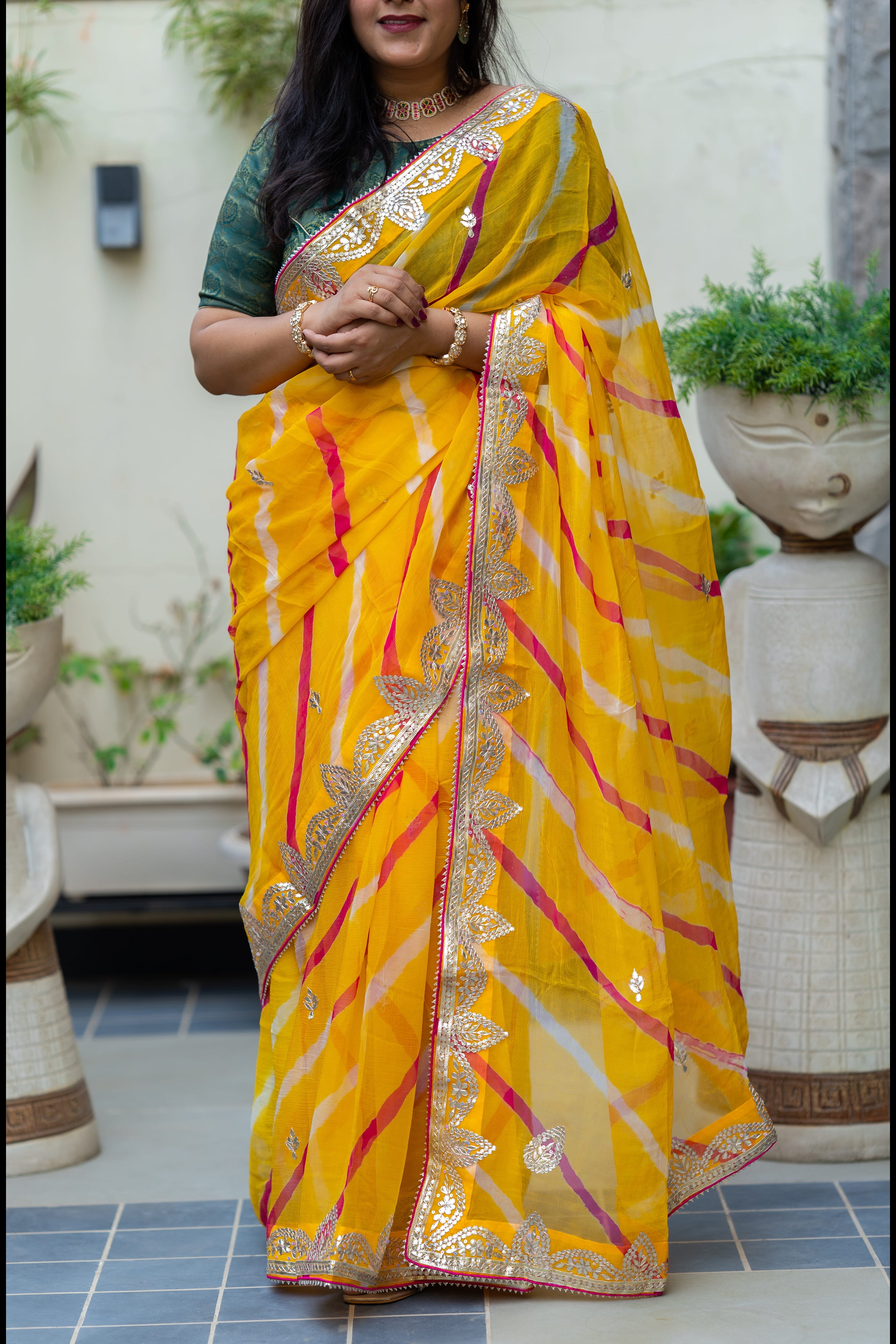 Pure Chiffon Fabric Yellow And Pink Saree With Gotta Patti Handwork