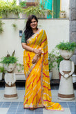 Pure Chiffon Fabric Yellow And Pink Saree With Gotta Patti Handwork