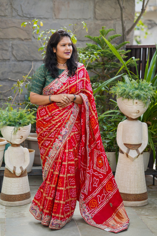 Red Color Pure Gajji Silk Saree with Full Handwork