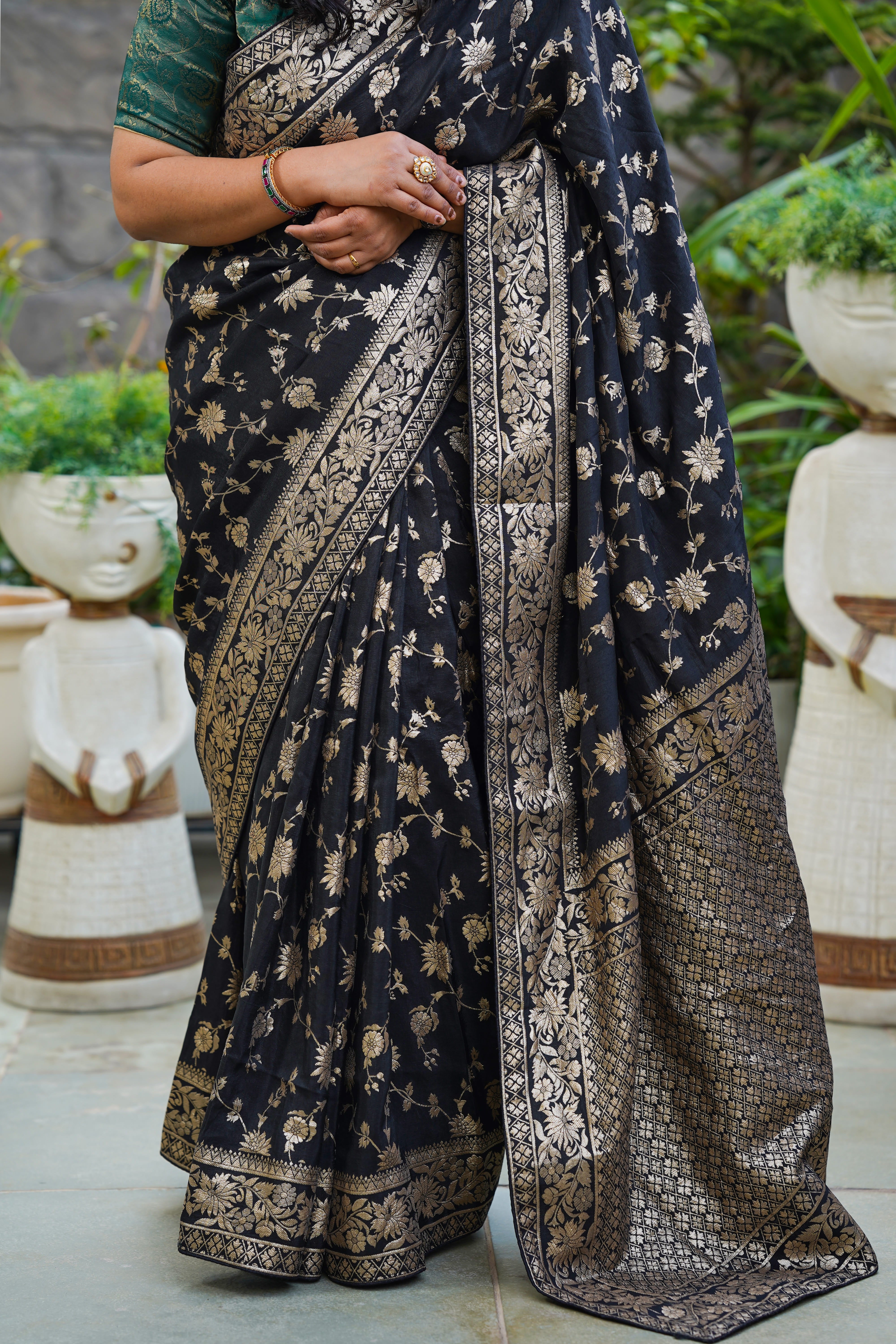 Pure Dola Silk Black Color Zari Jaal Saree