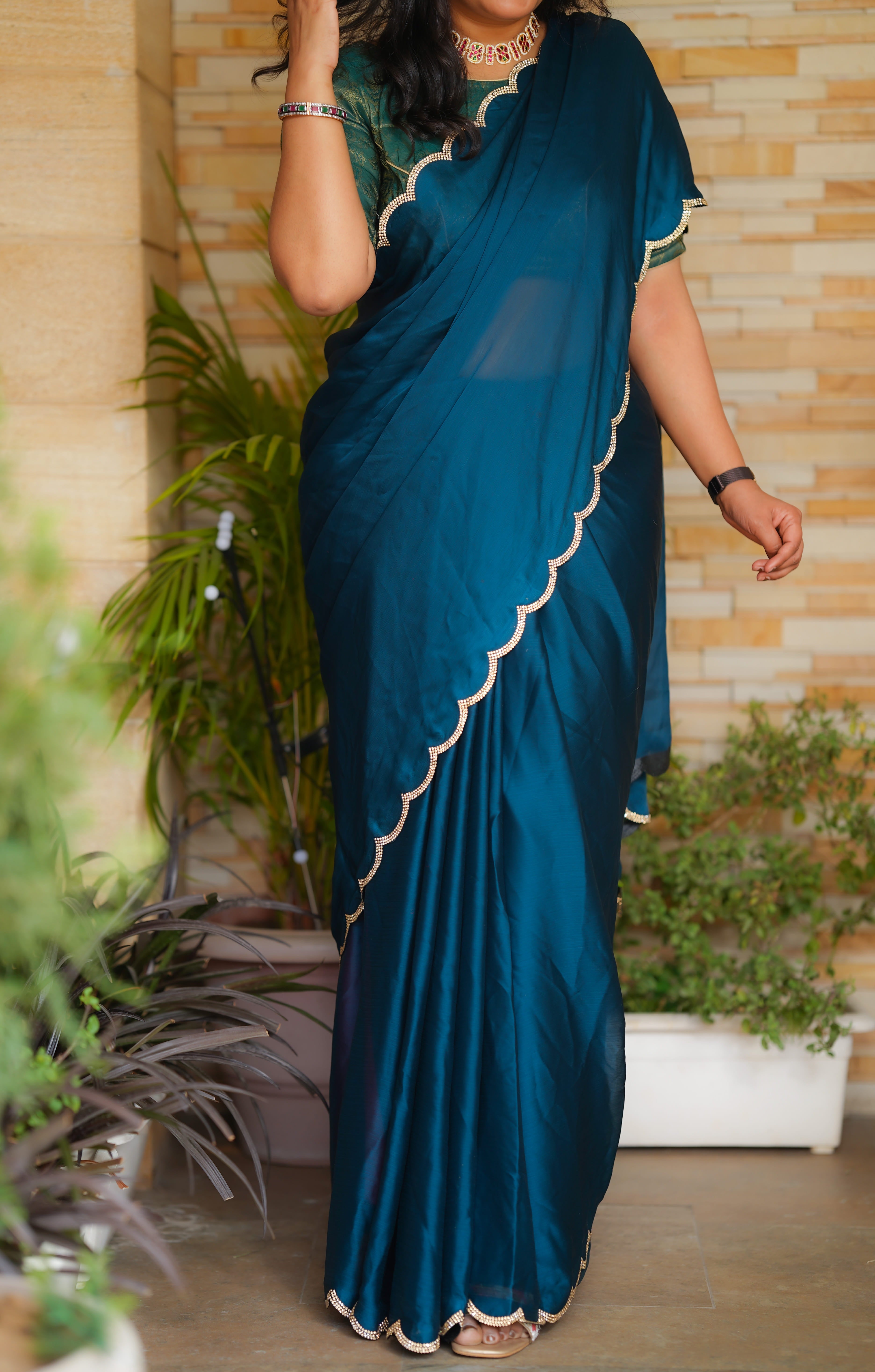 Blue Sapphire Italian Silk Saree with Swaroski Work