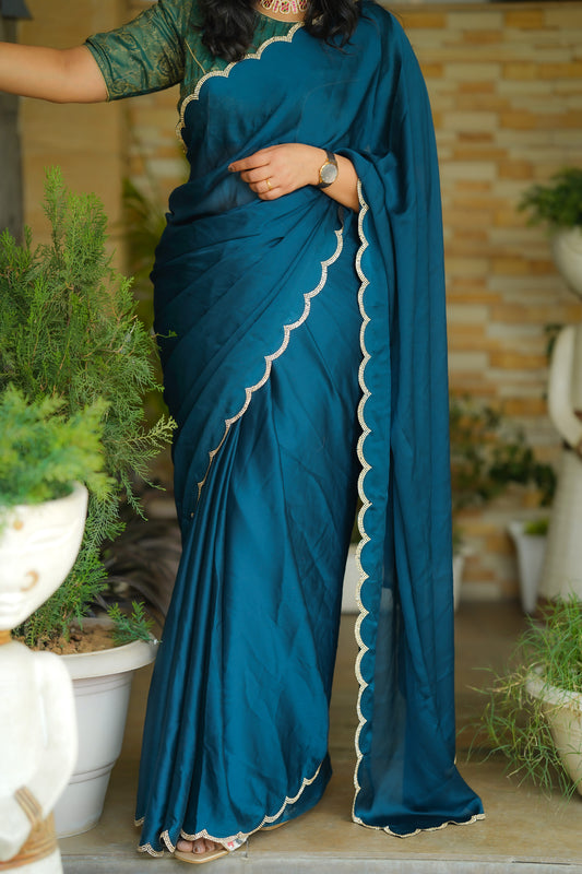 Blue Sapphire Italian Silk Saree with Swaroski Work