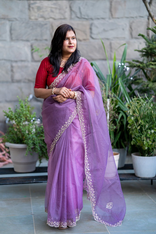 Lilac Organza Fabric Saree with Pearl and mirror Work