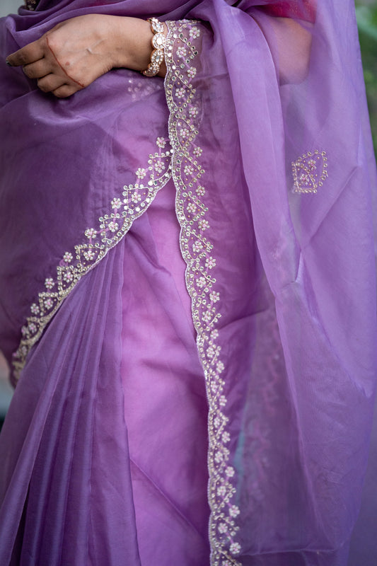 Lilac Organza Fabric Saree with Pearl and mirror Work