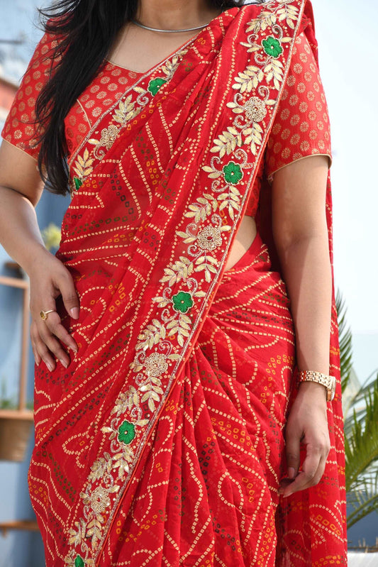 Scarlet Red Georgette Bandhej Print Saree With Foil Work - Buy Online in  India @ Mehar