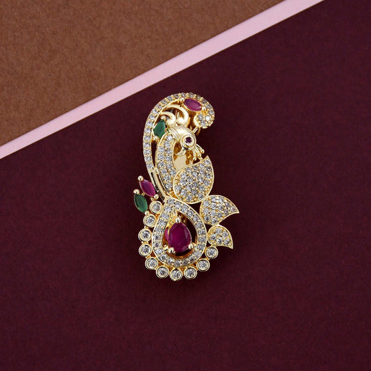 Gold Plated Ruby Peacock Saree Pin