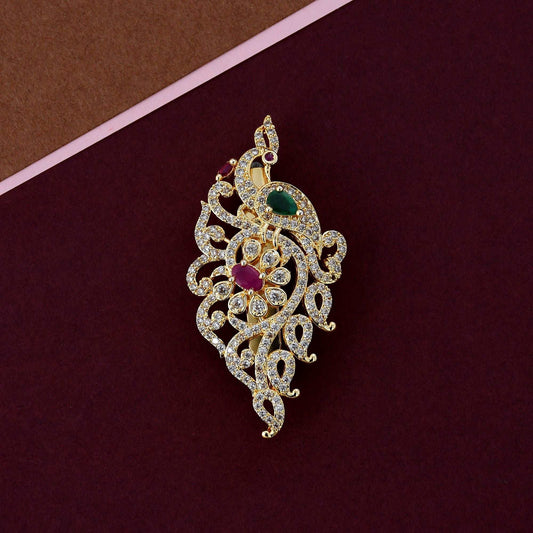 Gold Plated Green Peacock Saree Pin