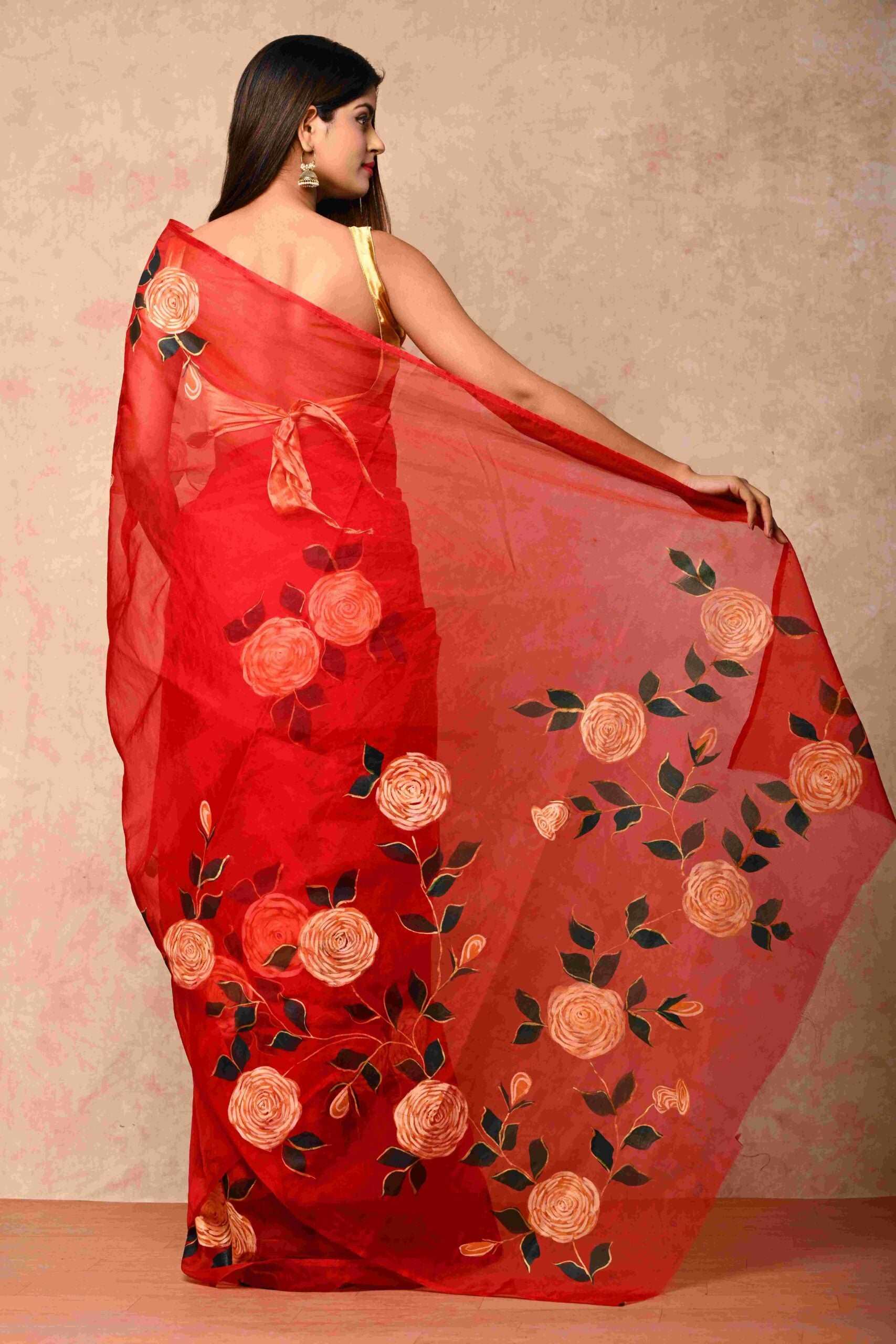 Soft Organza Fabric Red and golden roses Handpainted Saree