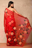 Soft Organza Fabric Red and golden roses Handpainted Saree