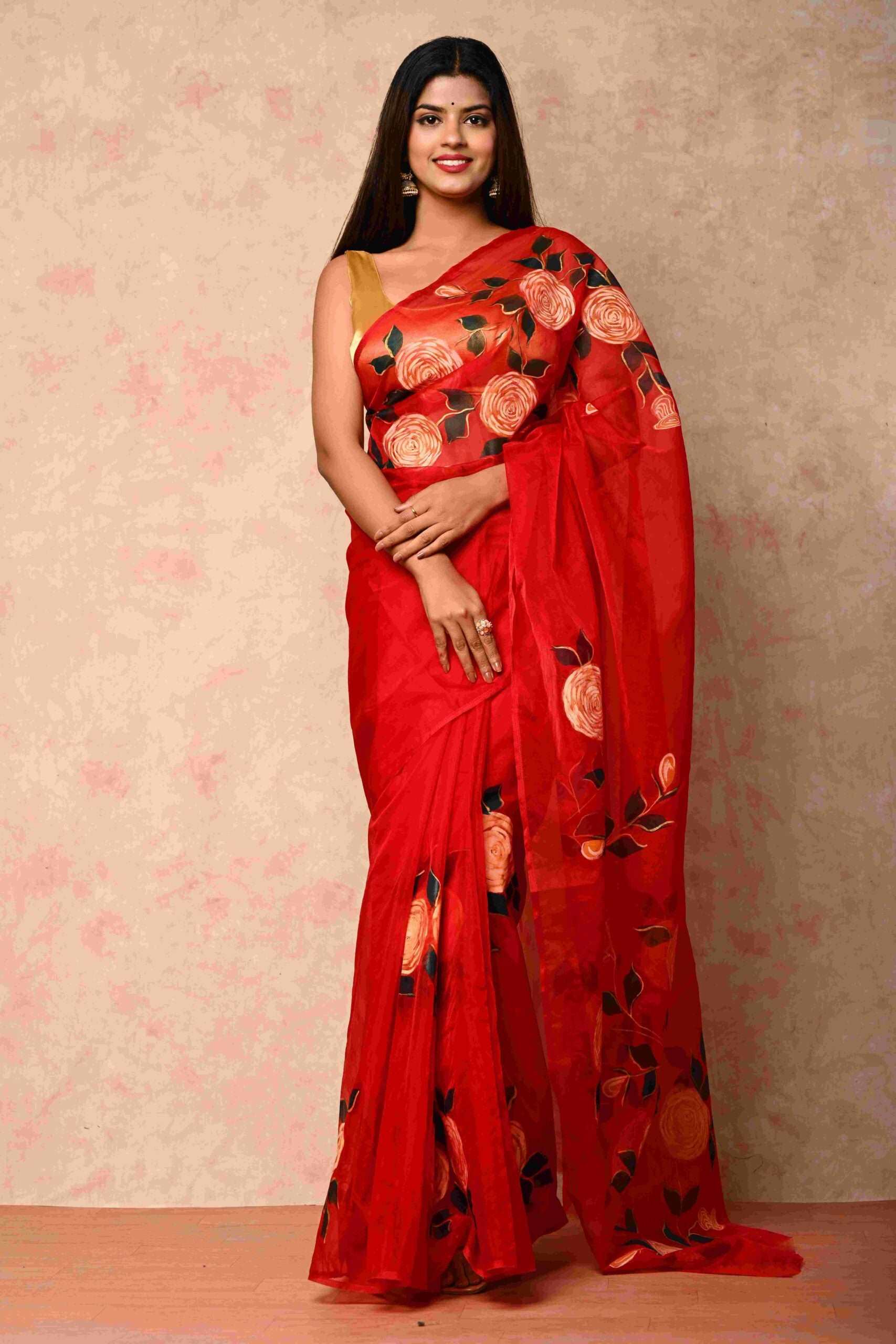 Soft Organza Fabric Red and golden roses Handpainted Saree