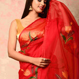 Soft Organza Fabric Red floral butta Handpainted Saree