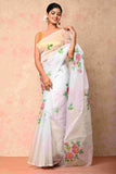 Soft organza Fabric White Handpainted Saree