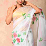 Soft organza Fabric White Handpainted Saree