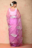 Soft Organza Fabric Lilac leaf Handpainted Saree