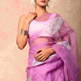 Soft Organza Fabric Lilac leaf Handpainted Saree