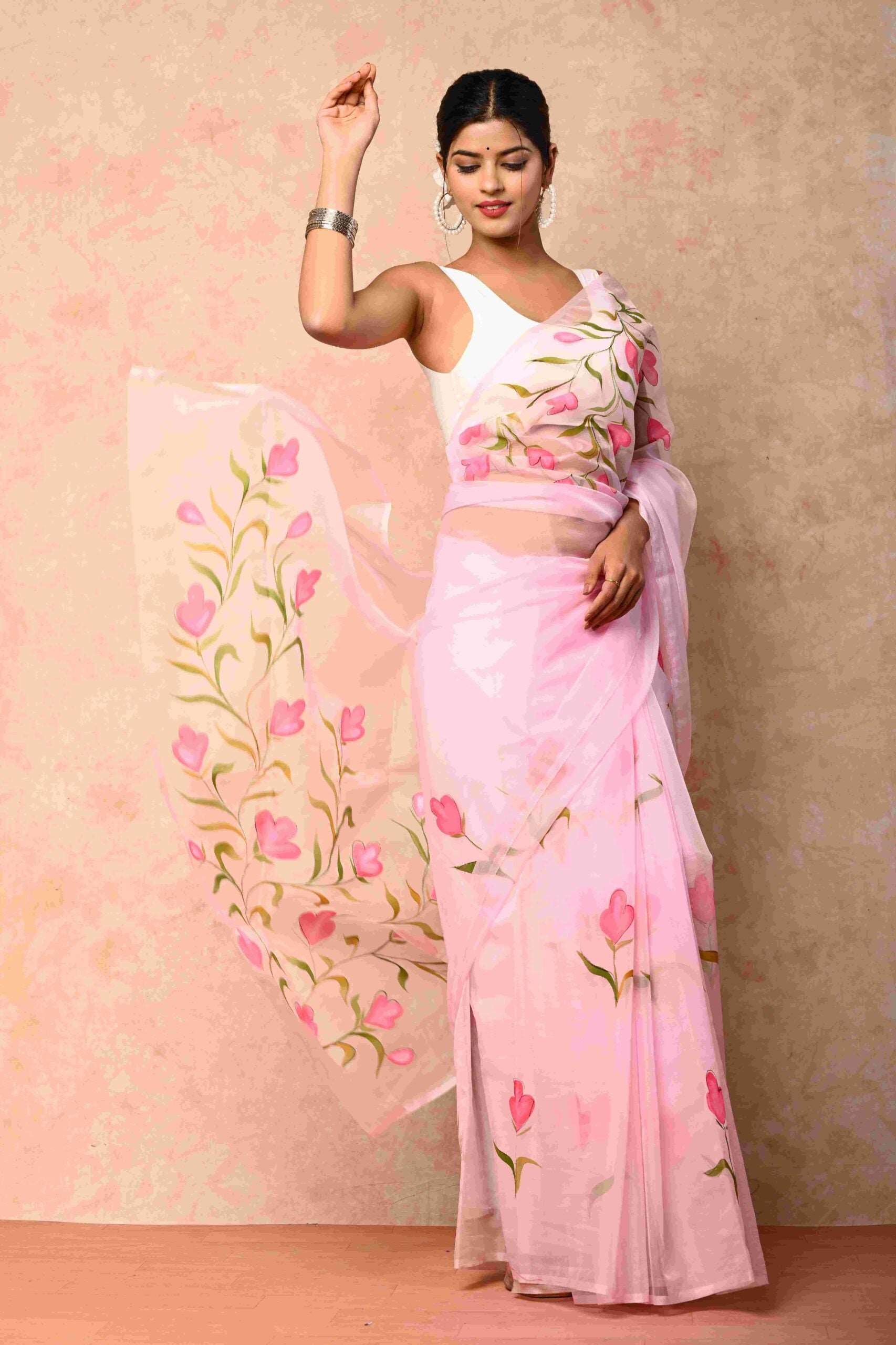 Soft Organza Fabric Pink Handpainted Saree