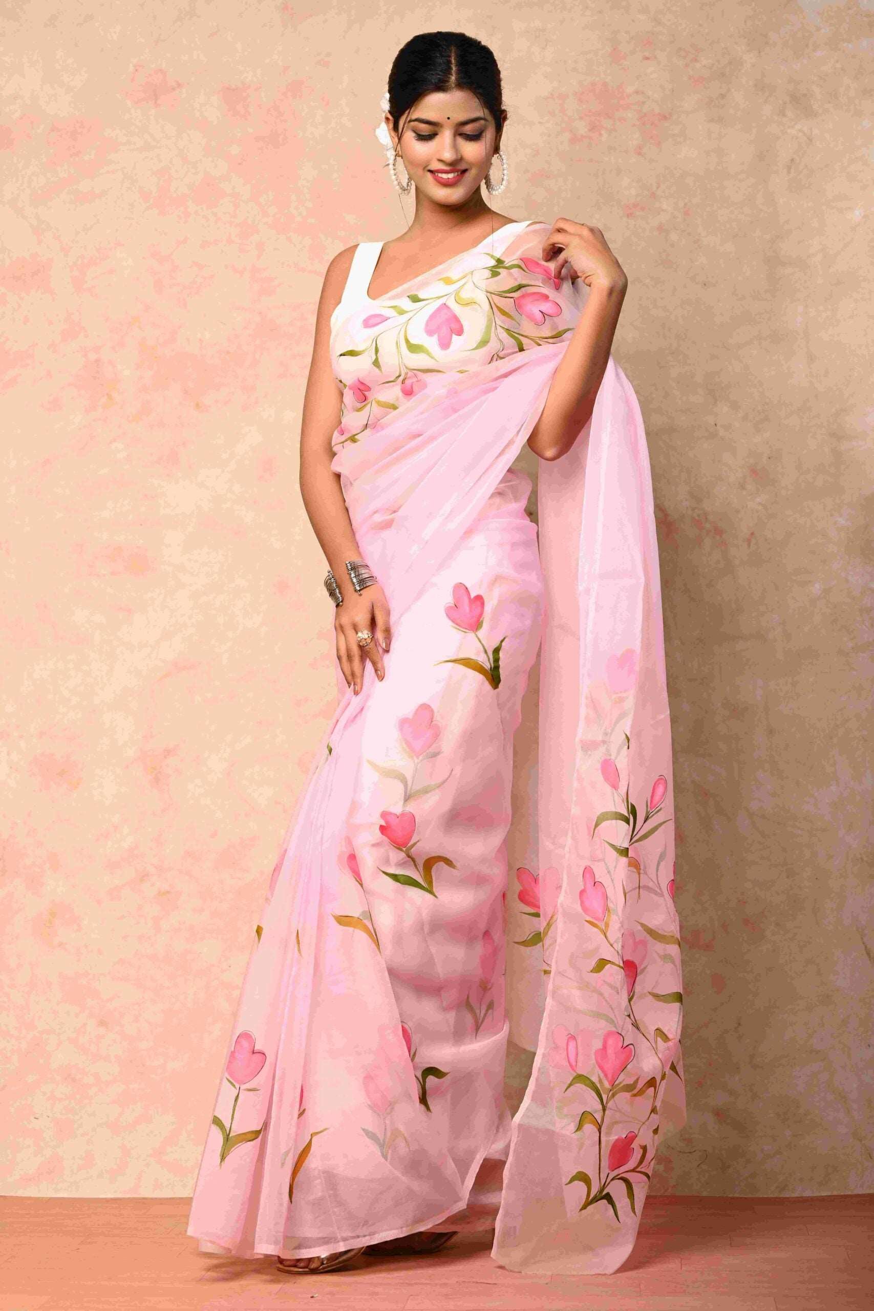 Soft Organza Fabric Pink Handpainted Saree