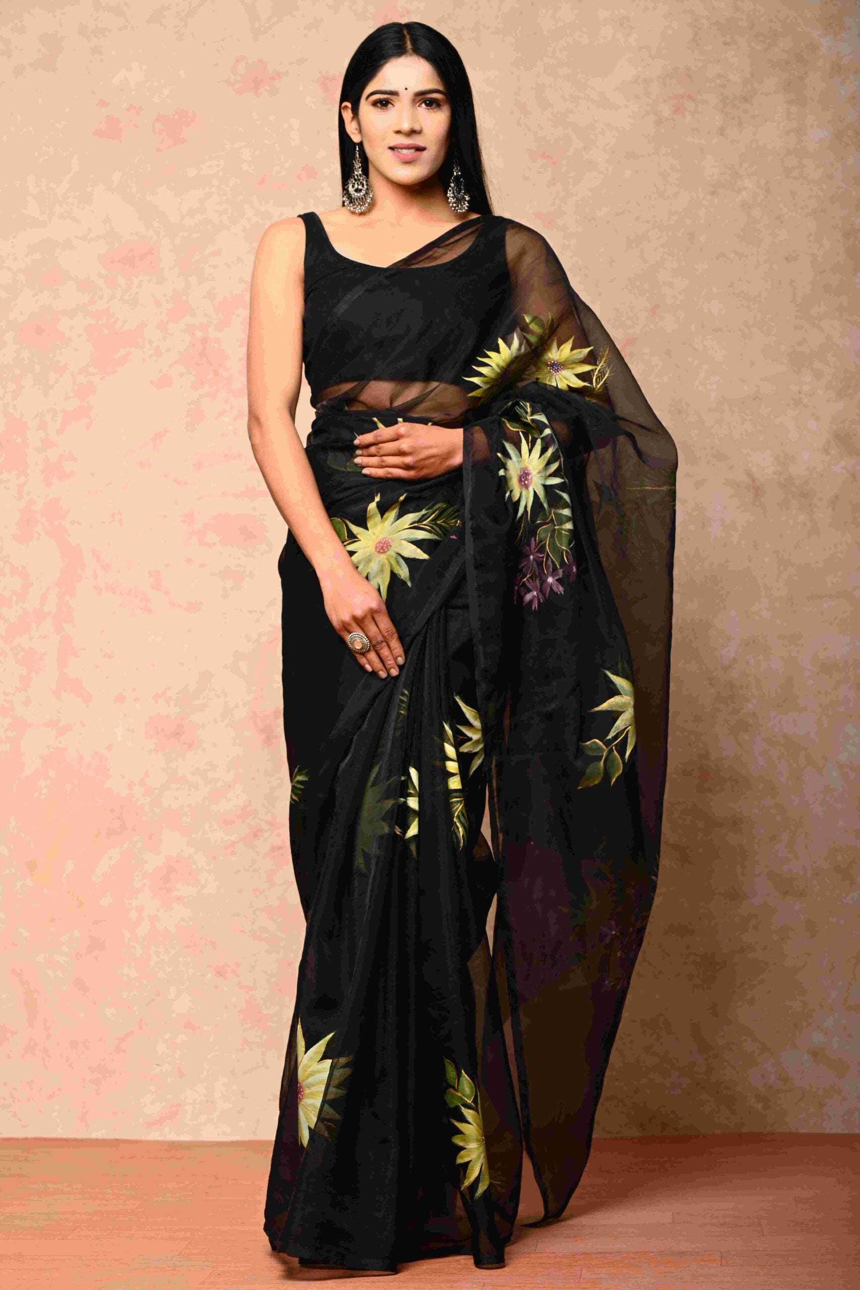 Soft Organza Fabric  Black Handpainted Saree