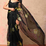 Soft Organza Fabric  Black Handpainted Saree