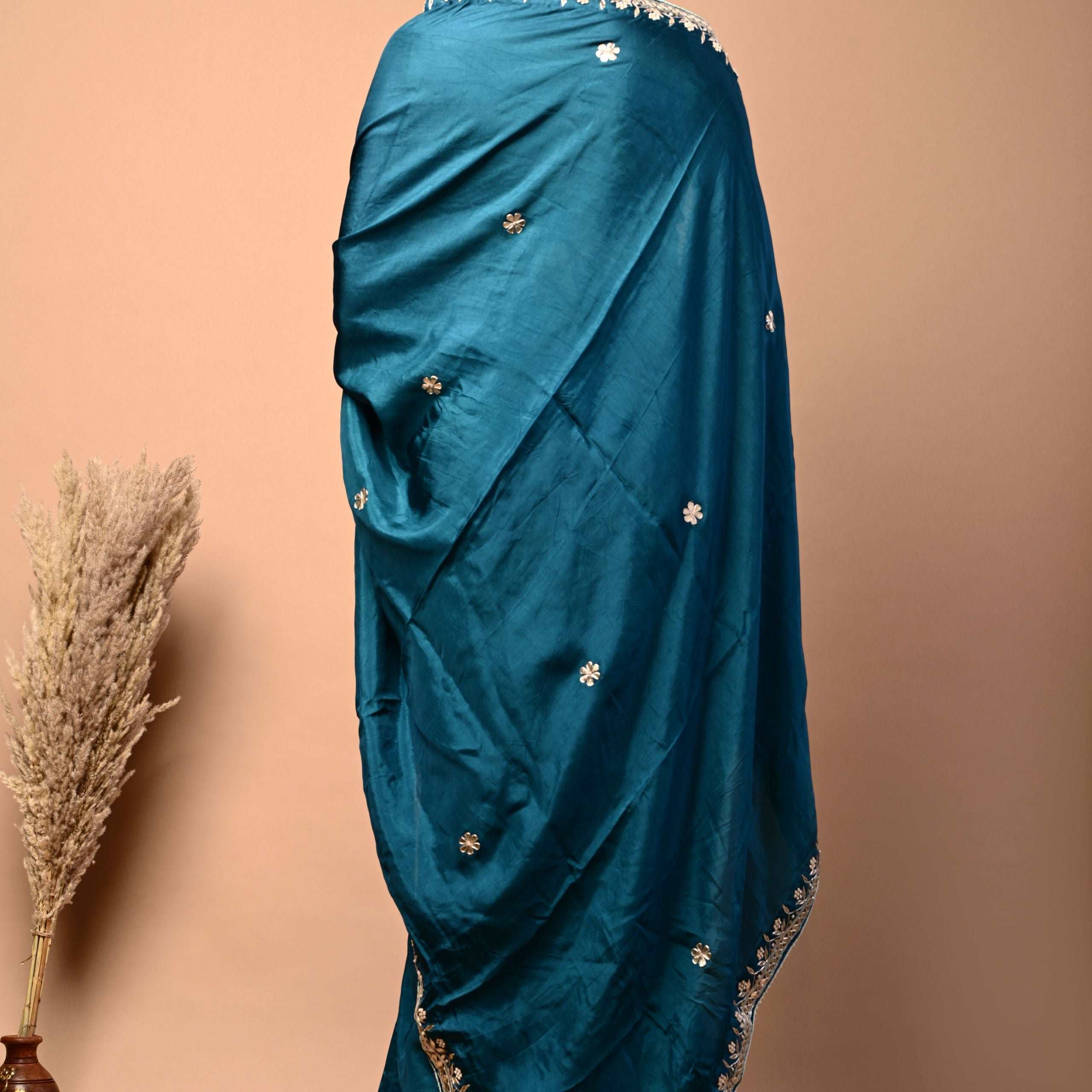 Pure Upada Silk Peacock Color Saree with Gota Patti Pearl Work