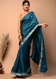 Pure Upada Silk Peacock Color Saree with Gota Patti Pearl Work