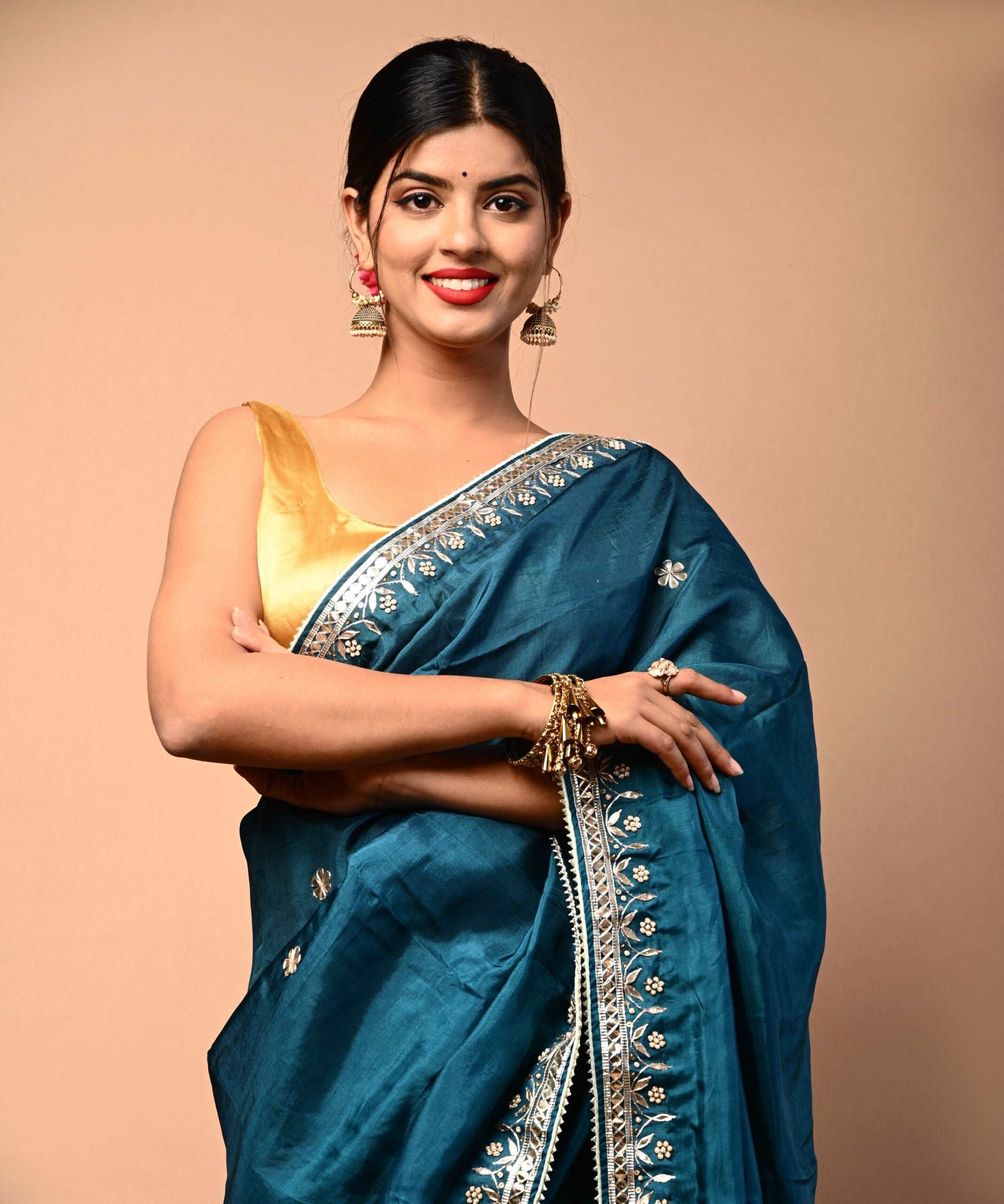 Pure Upada Silk Peacock Color Saree with Gota Patti Pearl Work