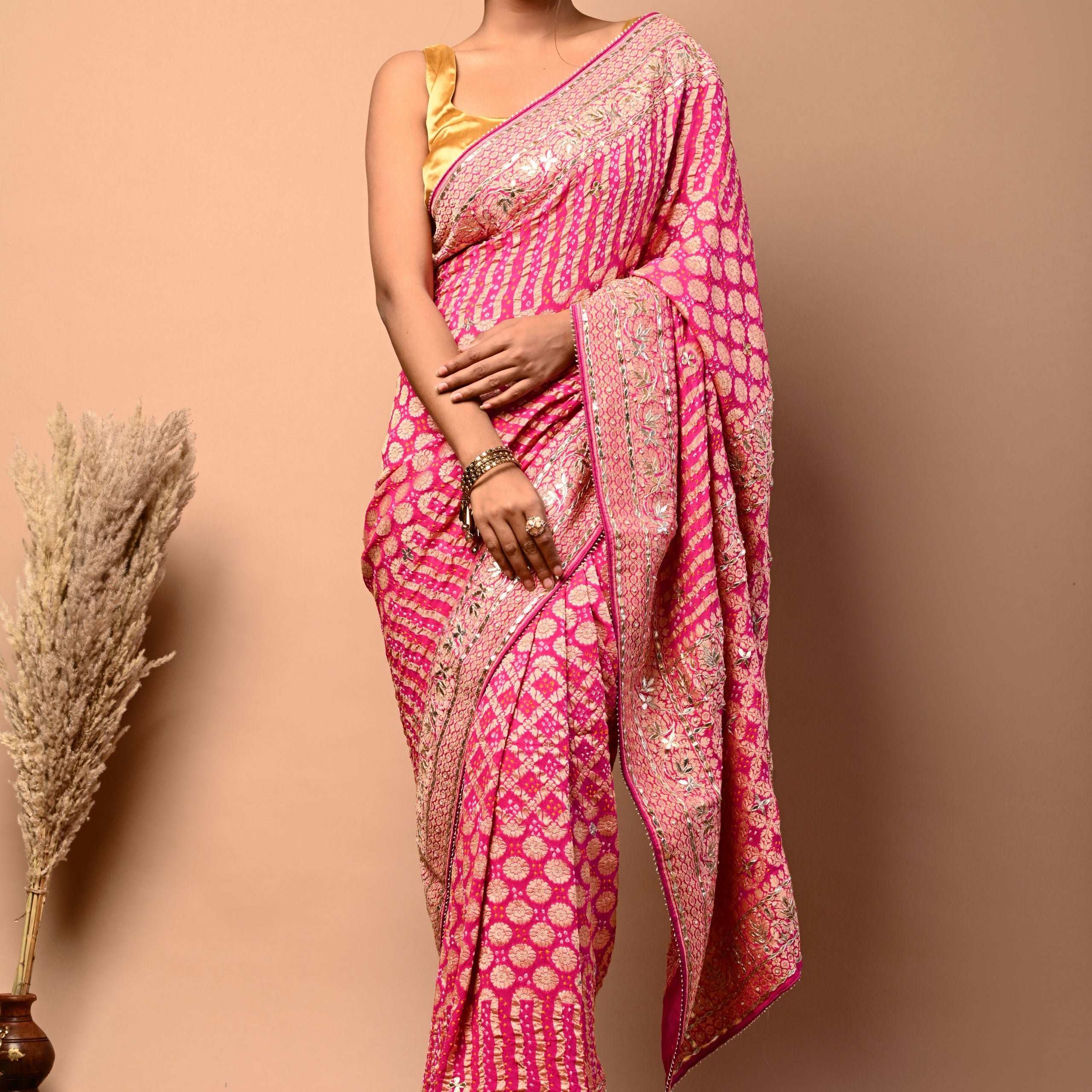 Pure Georgette Zari Bandhani Pink Color Saree with Gota Patti and Pearl Motifs