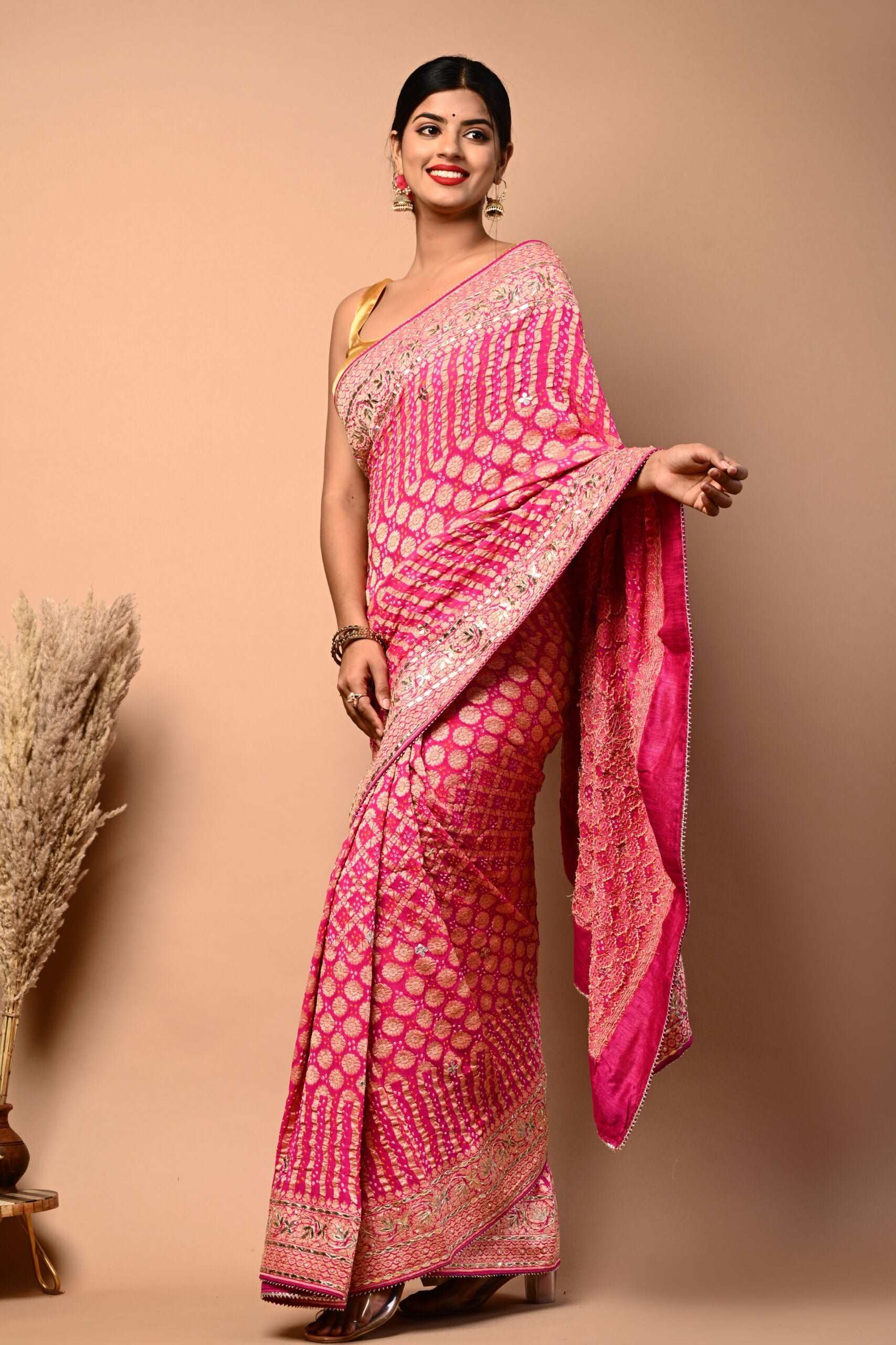 Pure Georgette Zari Bandhani Pink Color Saree with Gota Patti and Pearl Motifs