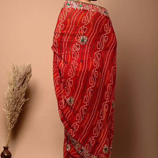 Georgette Red Bandhani Saree with GotaPatti,Thread Motifs