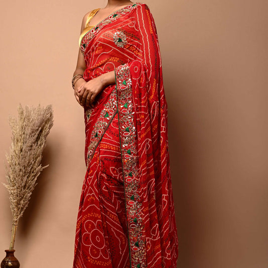 Georgette Red Bandhani Saree with GotaPatti,Thread Motifs