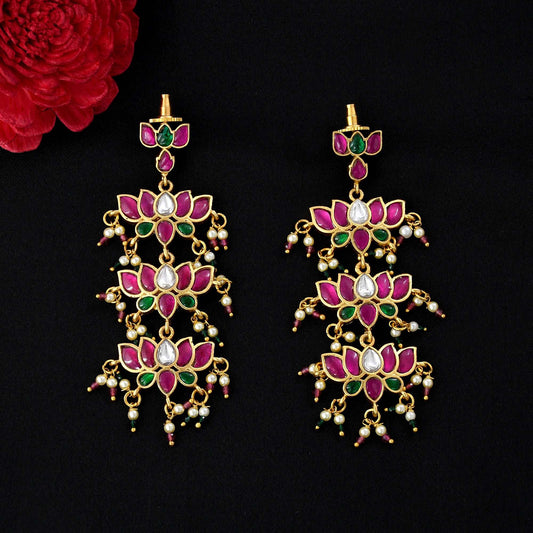 Three Layer Lotus Kundan Earrings