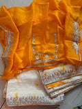 upada silk fabric yellow shibori saree with gota patti handwork