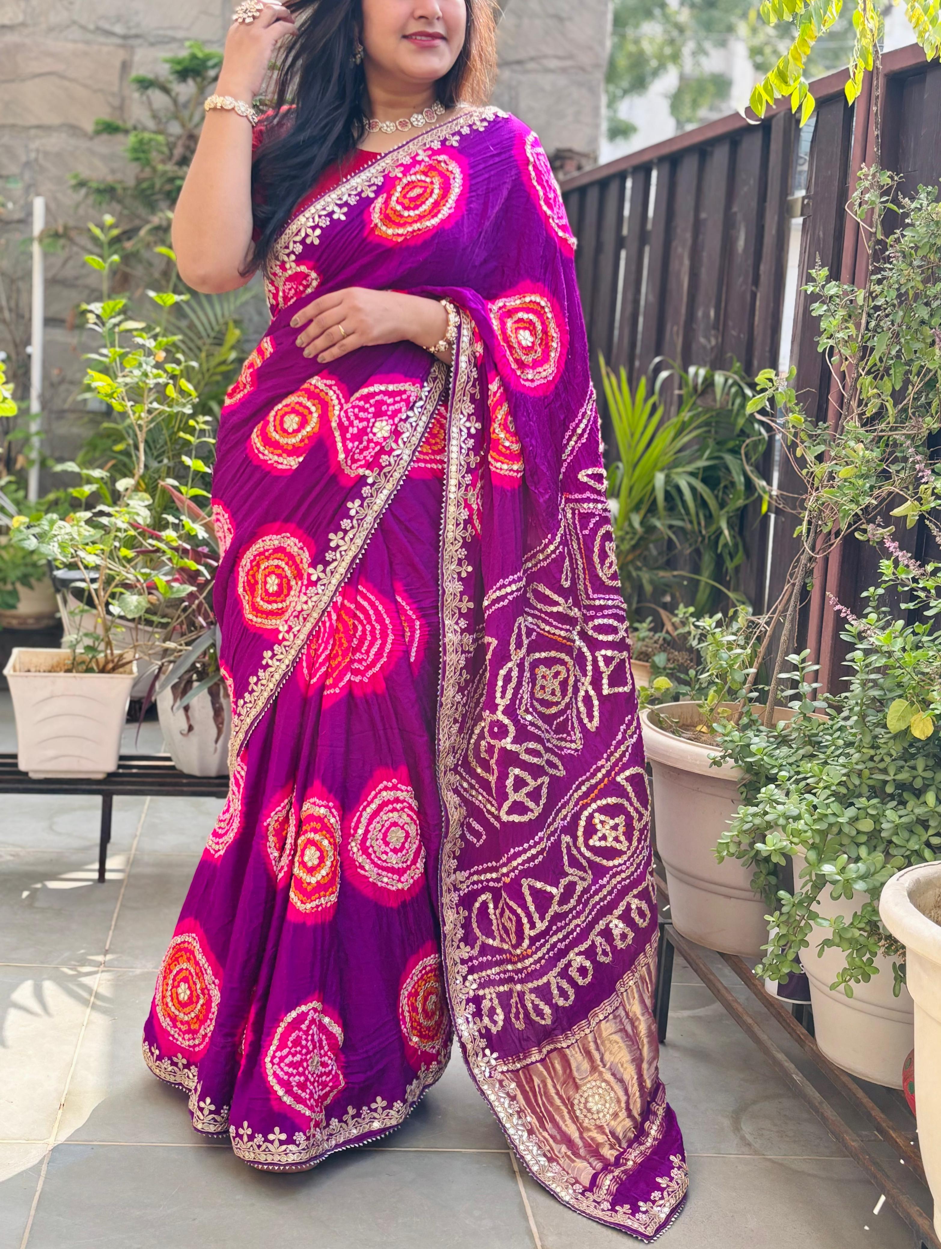 Pure Gajji Silk Fabric Purple And Pink Bandhni Saree With Gota Patti Handwork