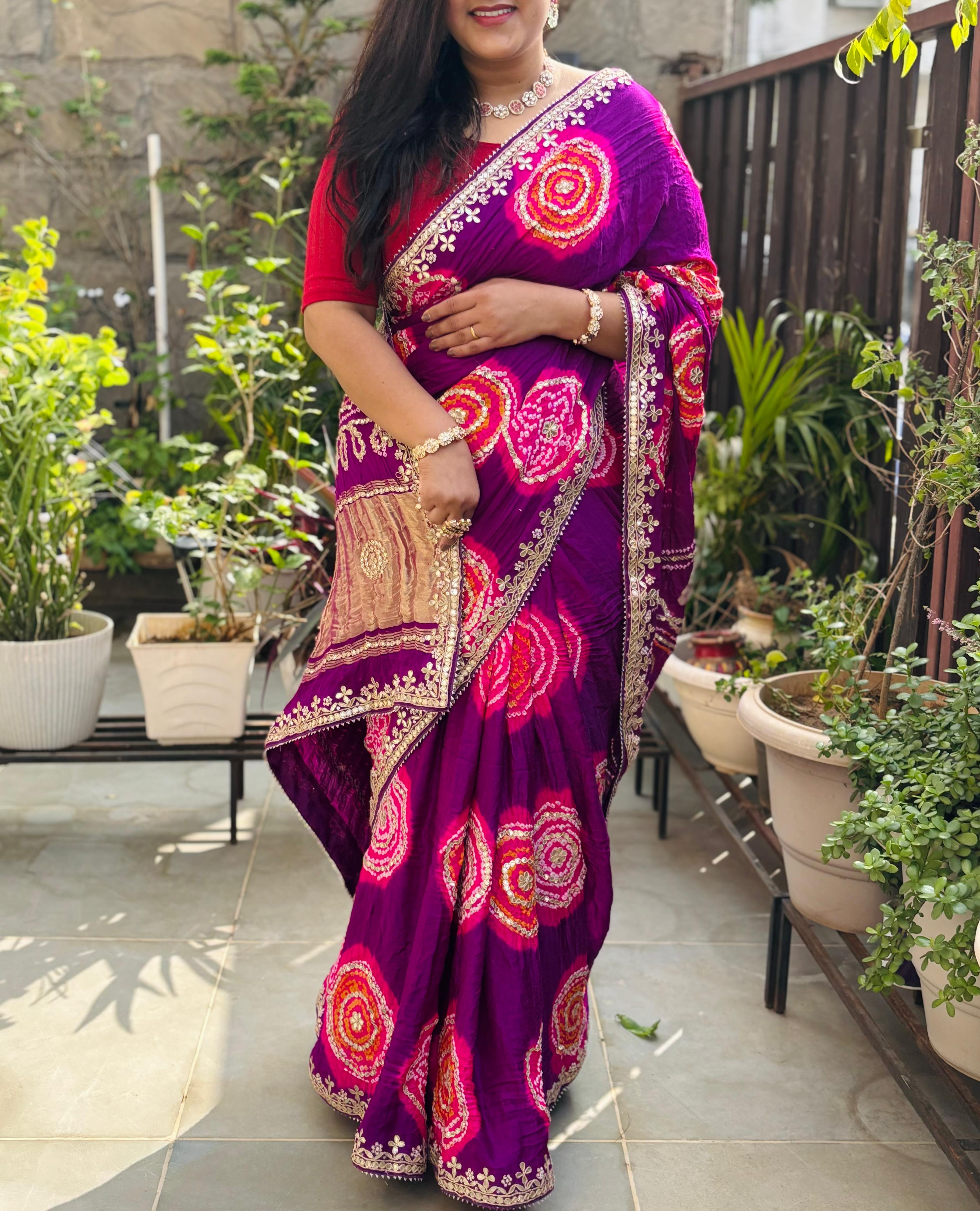 Pure Gajji Silk Fabric Purple And Pink Bandhni Saree With Gota Patti Handwork