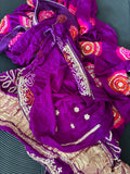 Pure Gajji Silk Fabric Purple And Pink Bandhni Saree With Gota Patti Handwork