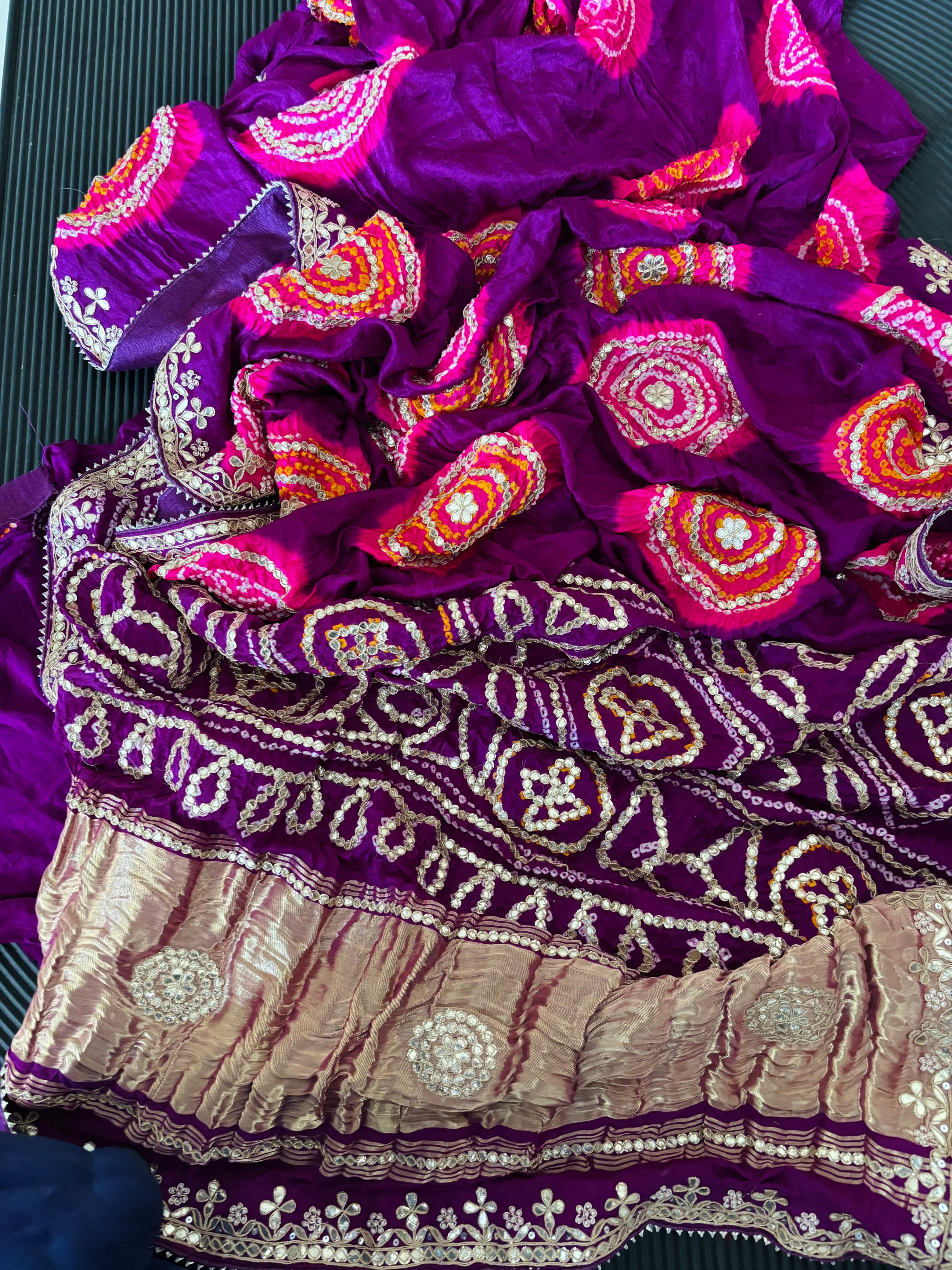 Pure Gajji Silk Fabric Purple And Pink Bandhni Saree With Gota Patti Handwork